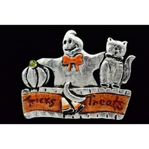 TC Vintage Halloween Pin Brooch Ghost Cat Pumpkin Tricks Treats Signed 90s BinBG